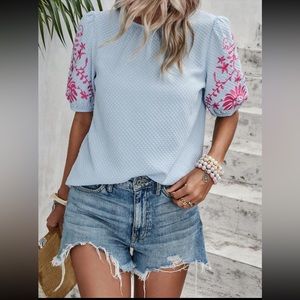 SHEIN LUNE Floral Embroidery Puff Sleeve Blouse